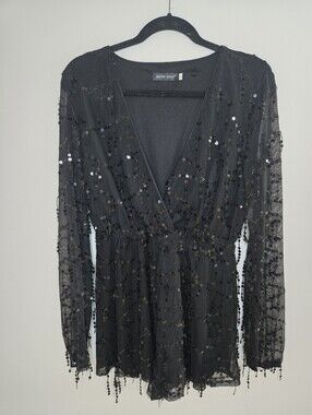 Miss Ord Black Sequin Deep V Romper with Sheer Long Sleeves - New